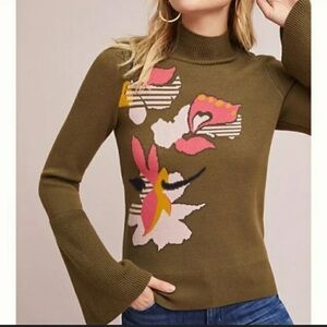 Anthro Olive Floral Women's Mock Turtleneck Bell Sleeve Sweater